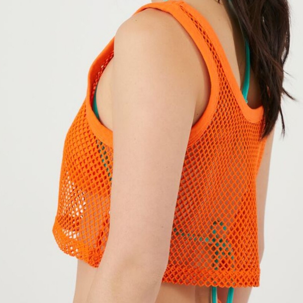 Forever 21 orange fishnet crop top knot waist NWOT Size S Swim coverup - Picture 2 of 9
